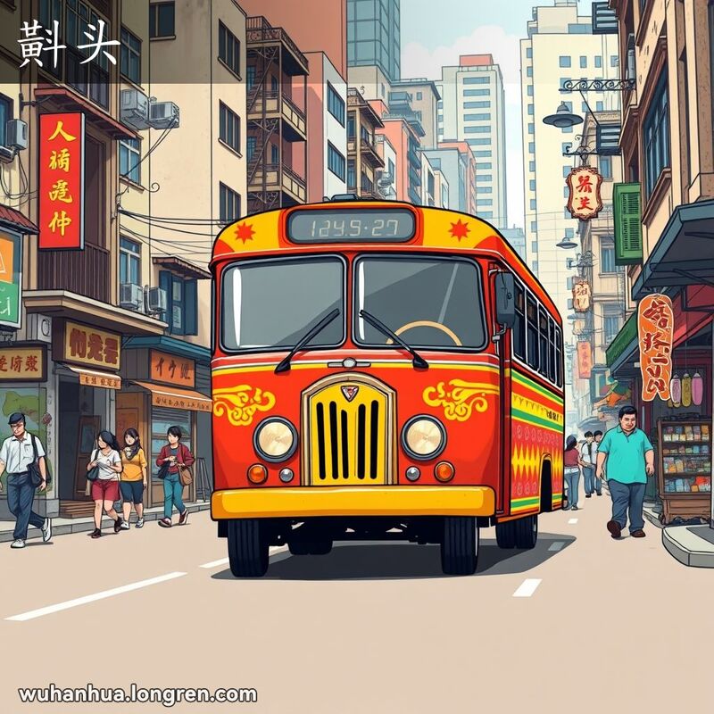 武汉街头一辆复古公交车行驶在街道上，车头部分突出，周围有行人和小商店。
