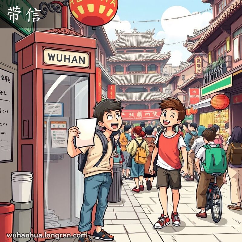 一位年轻男子在武汉街头电话亭旁，手持信息纸条，微笑着向朋友招手，背景是热闹的街道和老式建筑