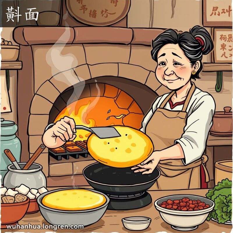一位中年妇女在厨房中用铲子翻动炕饼子，背景是传统武汉厨房