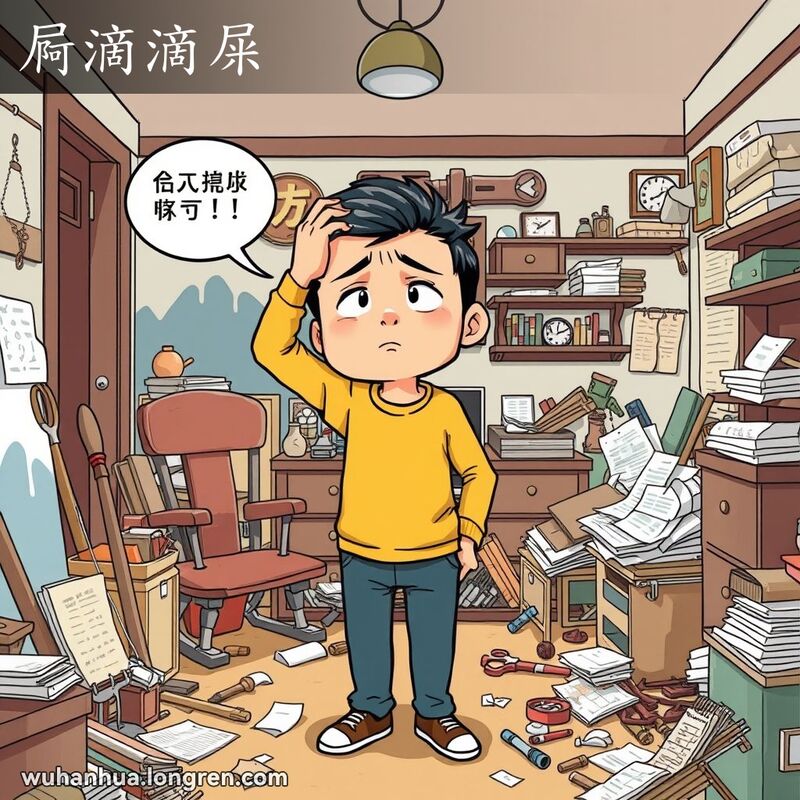 一个人在杂乱的房间里，表情困惑和无助，周围是半完成的任务和散落的工具