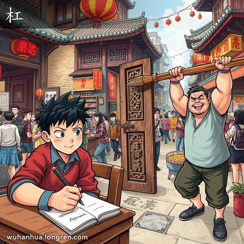 武汉街头，学生划掉名字，男子用木杠顶住门，背景有传统建筑和市场