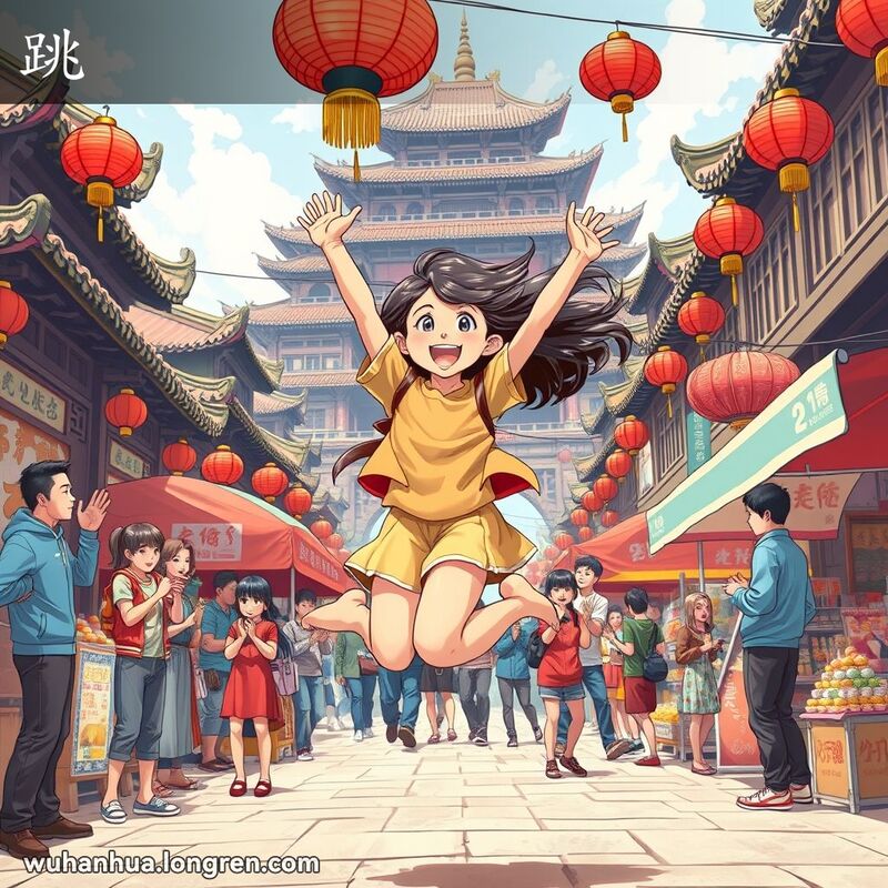 一位年轻女孩在武汉街头欢快地跳跃，背景是热闹的市场和传统街景