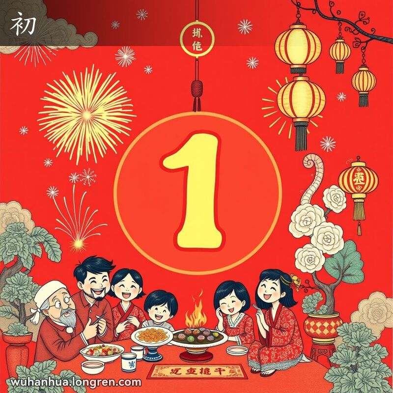 传统中国农历日历，中央数字“1”，周围有团圆饭、烟花和灯笼，画面喜庆。