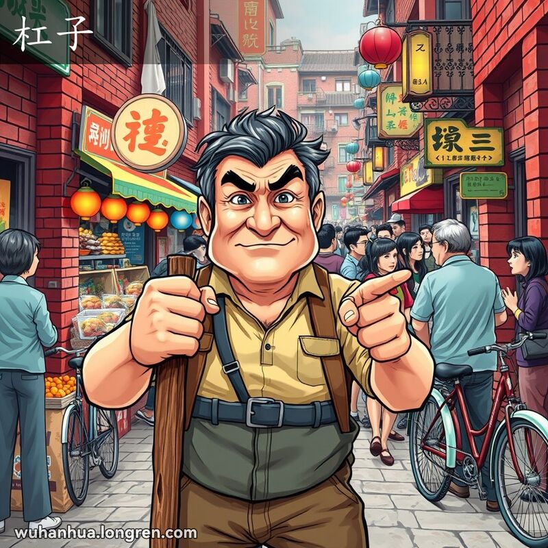 一位中年男子手持粗棍子站在武汉街头市场，背景是红砖墙和小摊贩，人群在讨论他，表现出“杠子”的意思。