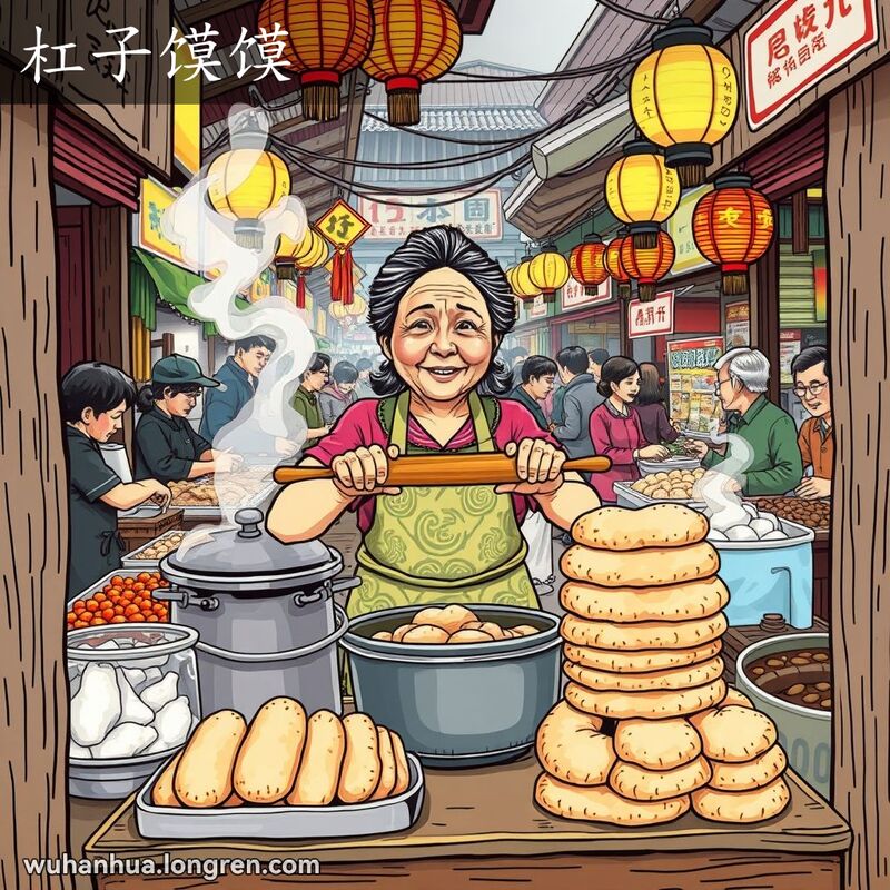 武汉街市摊位前，一位中年妇女用杠子轧制硬面馒头，背景有其他小吃摊位