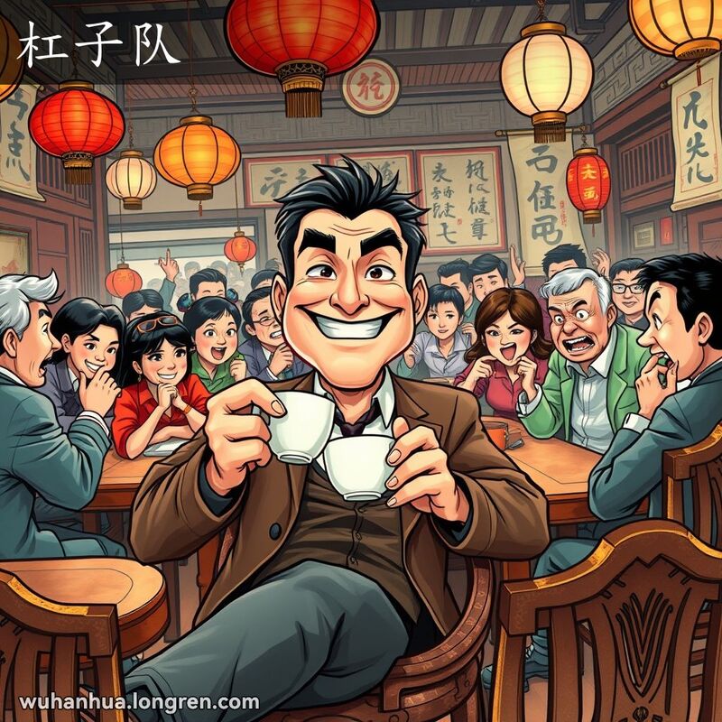 一群人在武汉茶馆内热烈讨论，主角是一位手持茶杯、准备抬杠的男子，背景有传统中国装饰。
