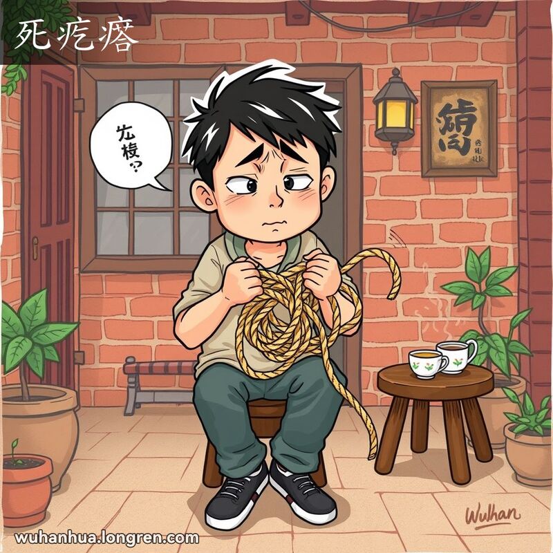 一位穿着休闲服装的人坐在武汉传统庭院的木凳上，手里拿着一根打了复杂结的绳子，正努力尝试解开它，背景是武汉老街景。