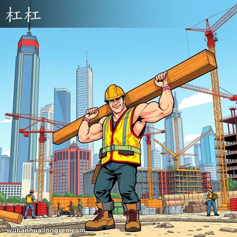 一位武汉建筑工人在施工现场扛着一根长而结实的木杠，背景是繁忙的建筑工地，高楼大厦正在建设中。