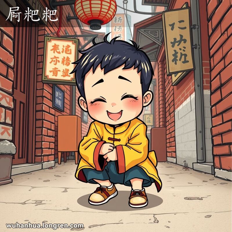一位小孩在武汉老巷子里蹲下，脸上带着尴尬但幽默的表情，表现“屙粑粑”的情景。