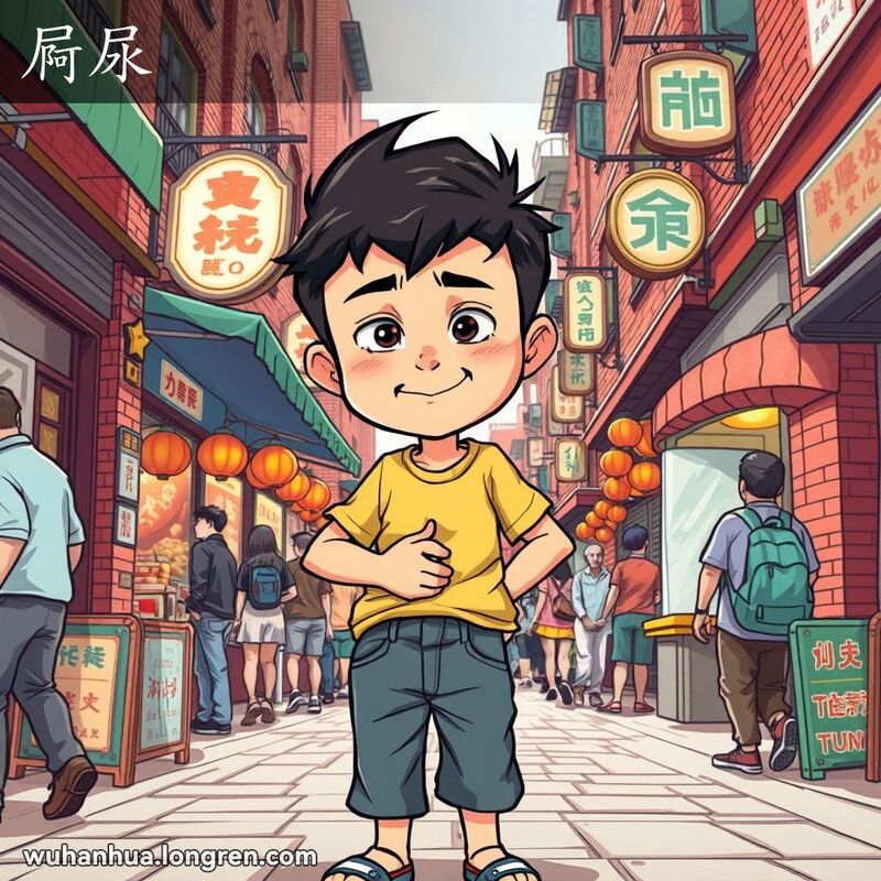 一位年轻男孩在武汉小巷中捂着裆部，表情焦急，急需找到厕所，背景是红砖墙和老式招牌