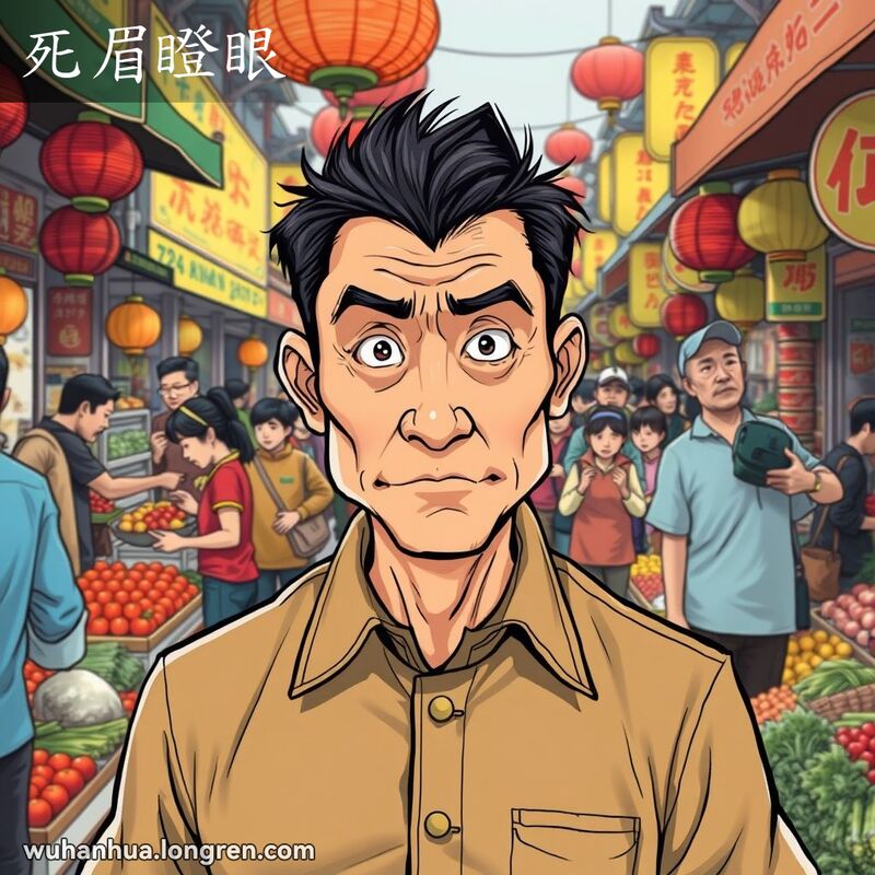一位武汉男子在市场中面无表情，眉头紧锁，眼睛直视前方，显得非常僵硬和不灵活，背景是繁忙的市场景象。