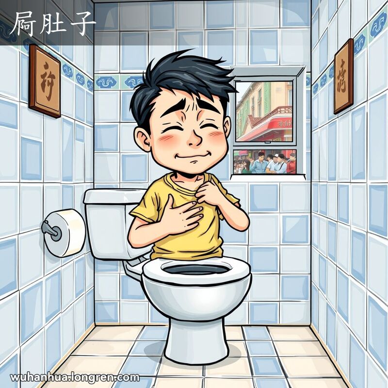 一个人坐在武汉传统厕所里，捂着肚子露出不适的表情，背景是繁忙的武汉街景