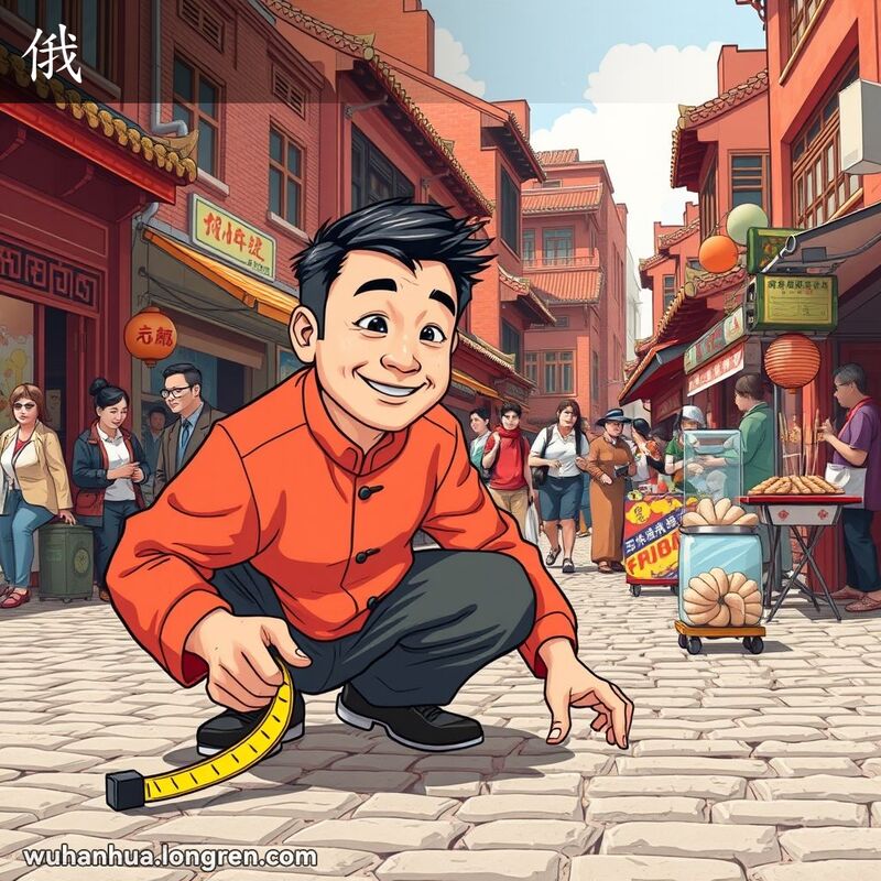 一位武汉男子在街道上用卷尺测量距离，背景是武汉老街景