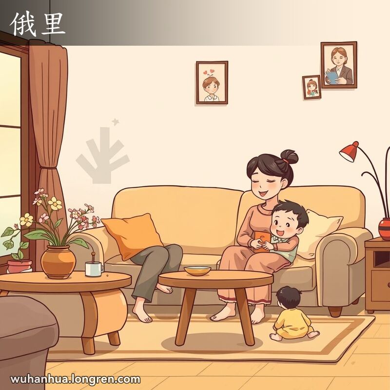 一个温馨的武汉家庭客厅，母亲坐在沙发上，孩子在旁边玩耍，背景有小木桌和家庭照片
