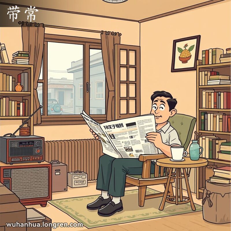 一位武汉男子在家中客厅里阅读报纸，旁边有一杯茶，房间里有老式收音机和书架，窗外是繁忙的街景，整个画面温馨舒适。