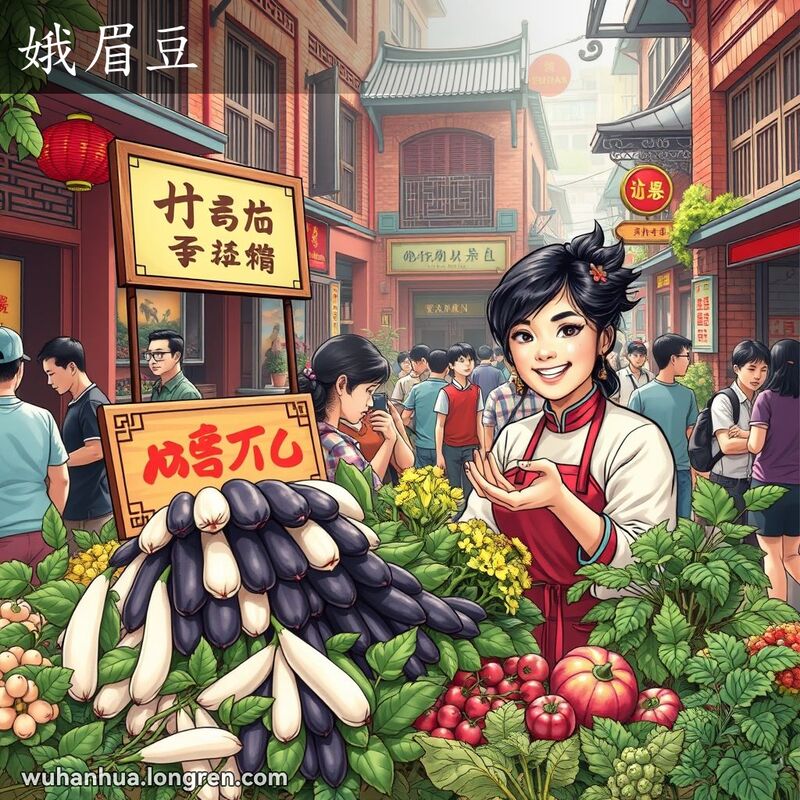 武汉市场中的蔬菜摊位，展示“娥眉豆”，摊主微笑着向顾客展示豆子，背景是传统建筑和绿色植物