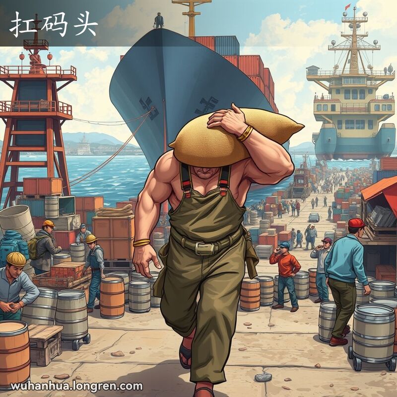 武汉码头上，一位强壮的男子肩扛重物，坚定地走向货船，其他工人忙碌装卸货物。