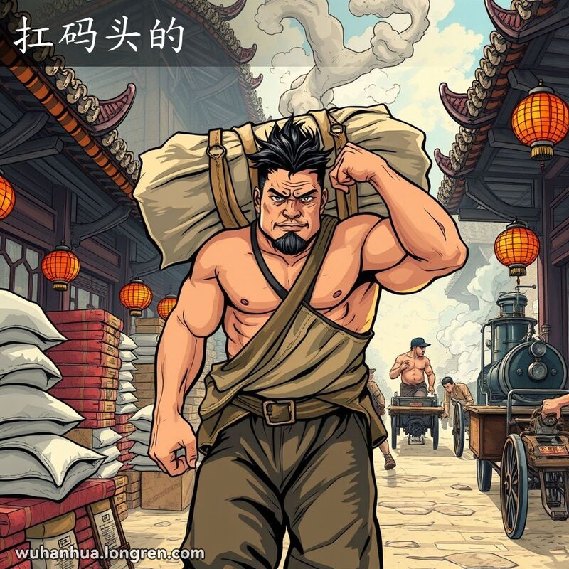 一位强壮的男子在武汉老码头背着重物，周围是忙碌的工人和货物，表现“扛码头的”的工作场景