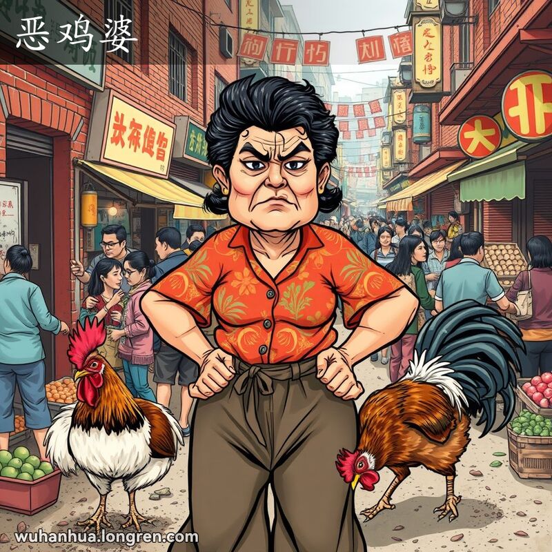 一位中年妇女在武汉市场大声喊叫，背景有凶猛的公鸡和忙碌的市场摊位