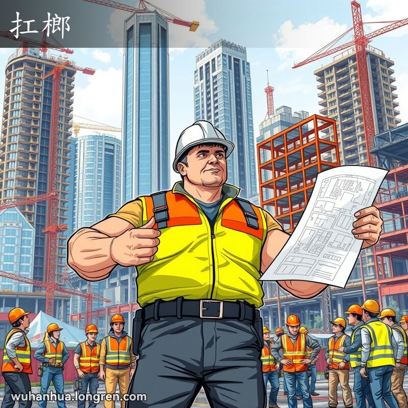 一位戴着安全帽和反光背心的男子在武汉建筑工地上指挥工人，背景是施工设备和城市天际线
