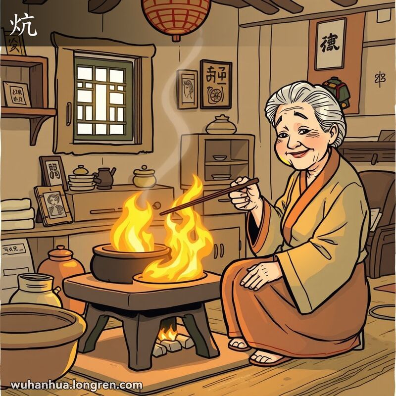 一位武汉老奶奶在传统炉灶旁用火炕，火光跳动，房间温暖，背景是武汉老房子