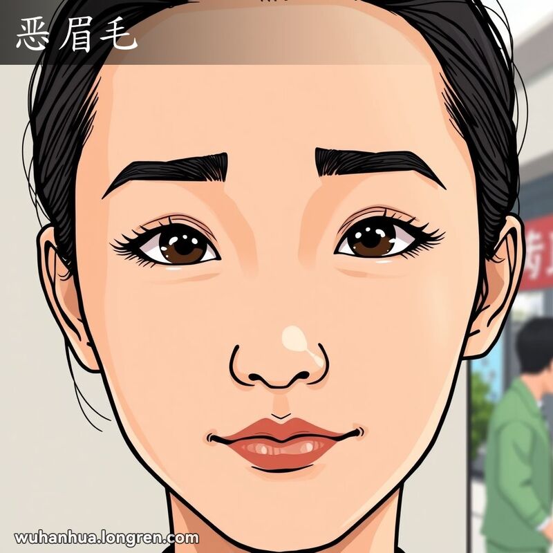 一个人的特写肖像，眉毛较直且末端下垂，呈现出八字形，背景简洁。