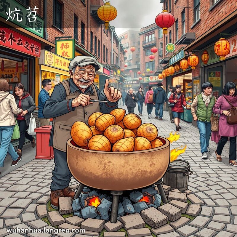 武汉街头摊贩用圆铁桶烤甘薯，甘薯外皮焦脆、内瓤柔软，背景是热闹的街市