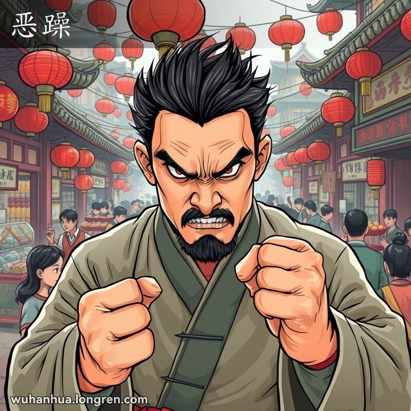 一位武汉男子在市场中面露凶狠、激烈的表情，背景是热闹的市场和传统中式建筑