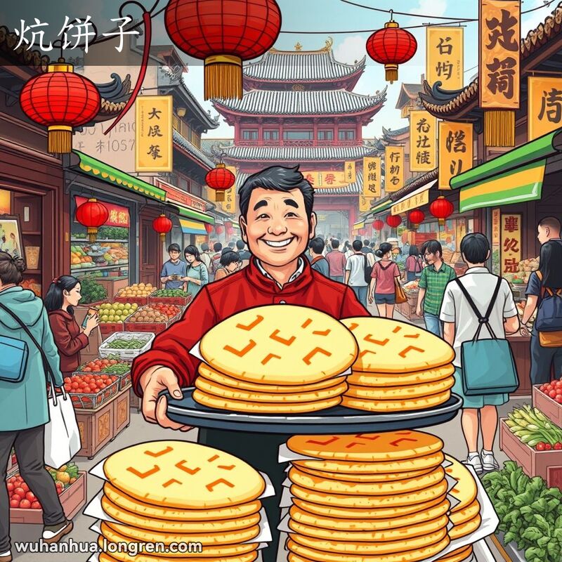 一个武汉街市的摊贩展示刚出炉的金黄色烤饼“炕饼子”，背景有其他摊位和来往的市民
