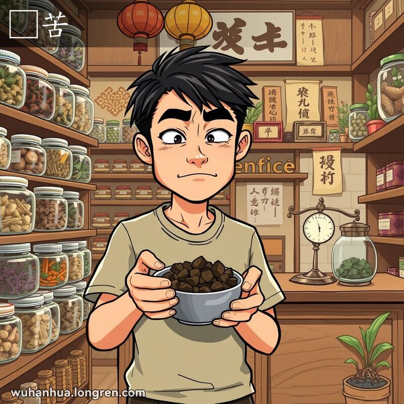 一位武汉市民在中药店里，手持一碗黑色的中药汤，面部表情皱眉、嫌弃，背景是传统的中药店