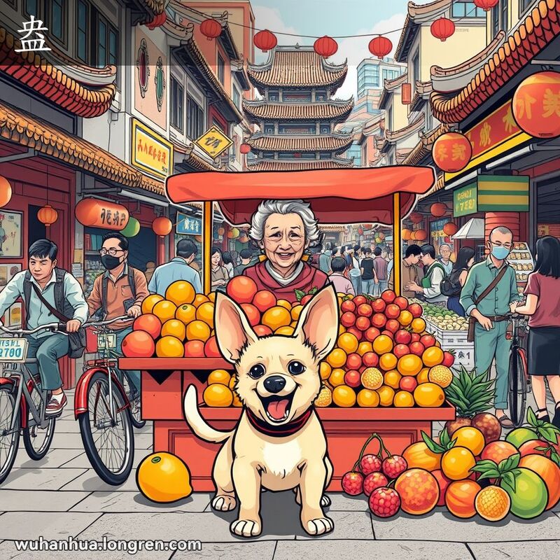 一只小狗在武汉街头市场的水果摊前大声吠叫，背景是繁忙的市场和传统建筑。