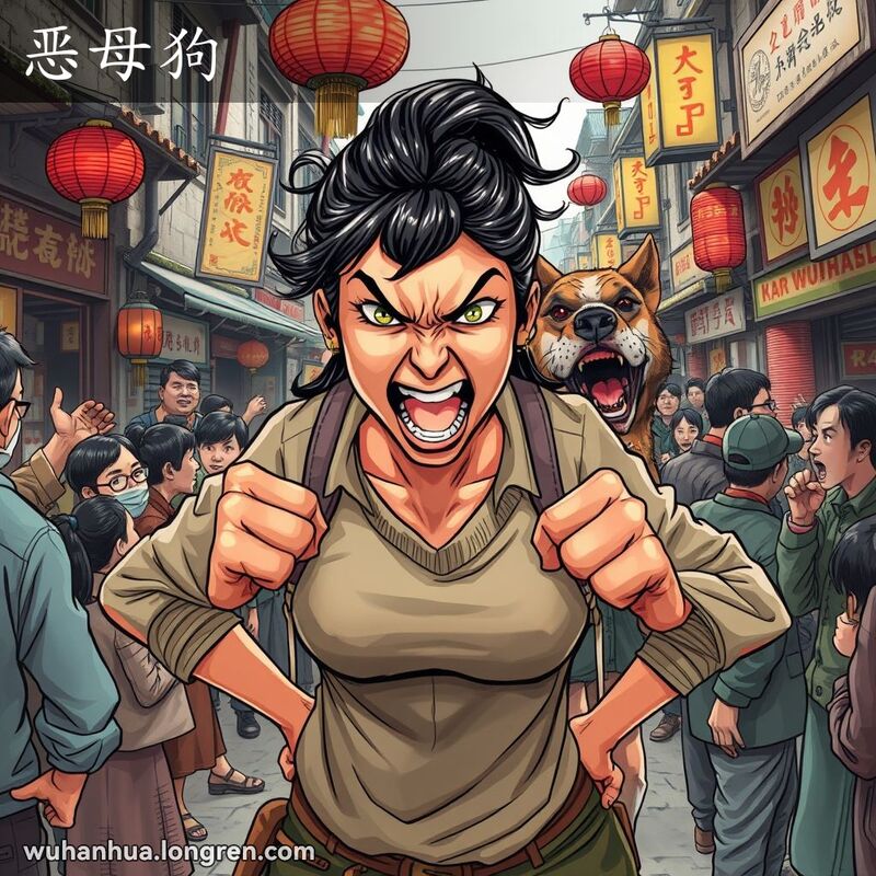 一位凶悍的武汉妇女在街头大声呵斥他人，身后一只凶狠的母狗也在狂吠，背景是武汉传统街景。