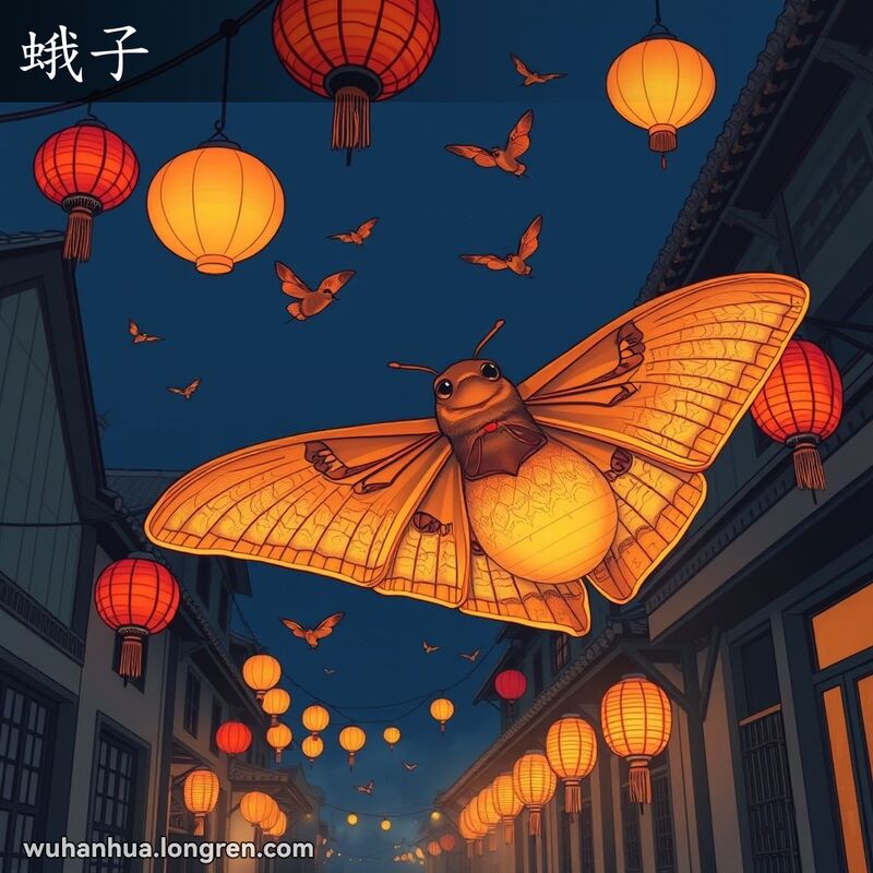 夜晚的武汉街道，蛾子飞向灯笼，背景有其他蛾子飞舞，画面宁静神秘