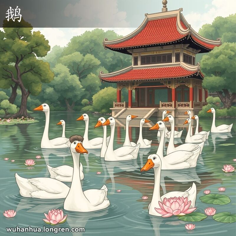 一群白色和灰色的鹅在荷花池塘中游泳，背景是武汉公园的传统中式亭台楼阁