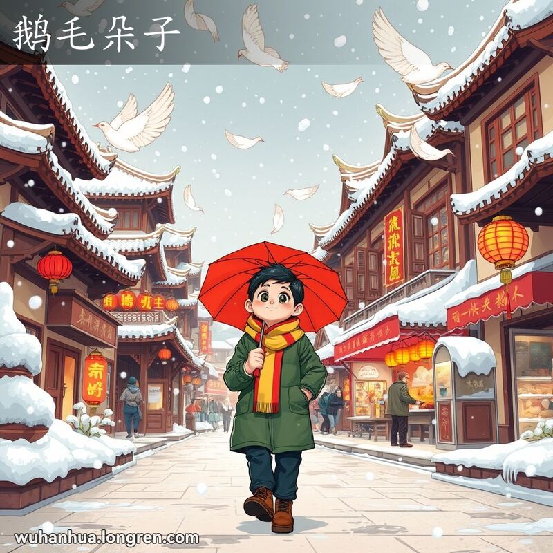 武汉冬季街景，居民手持雨伞仰望天空，大片雪花飘落，像鹅毛一样轻盈，背景是武汉老街景。
