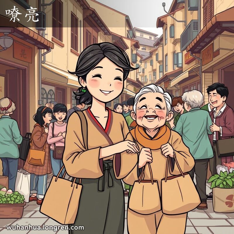 一位心地善良的武汉妇女在街道上帮助邻居搬运杂货，脸上带着温暖的笑容，背景是热闹的市场和邻居们的欢声笑语
