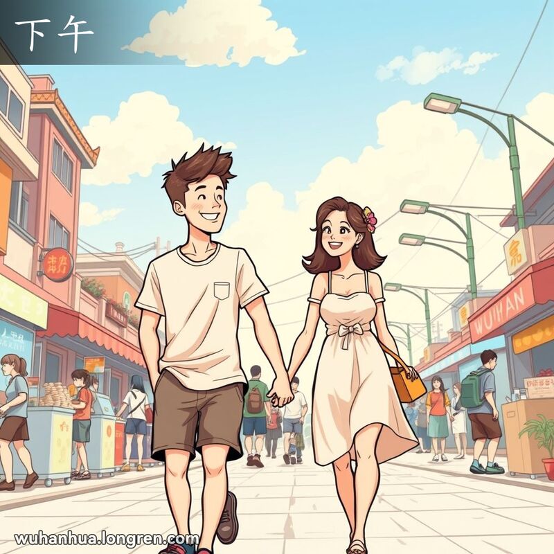 武汉街头的一个下午，阳光明媚，一对年轻情侣手牵手漫步，背景中有小贩和行人。