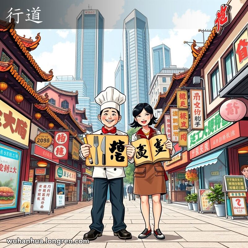 武汉街道上，两位市民手持代表不同职业的标牌，背景是各种店铺和摊贩，展示职业多样性。