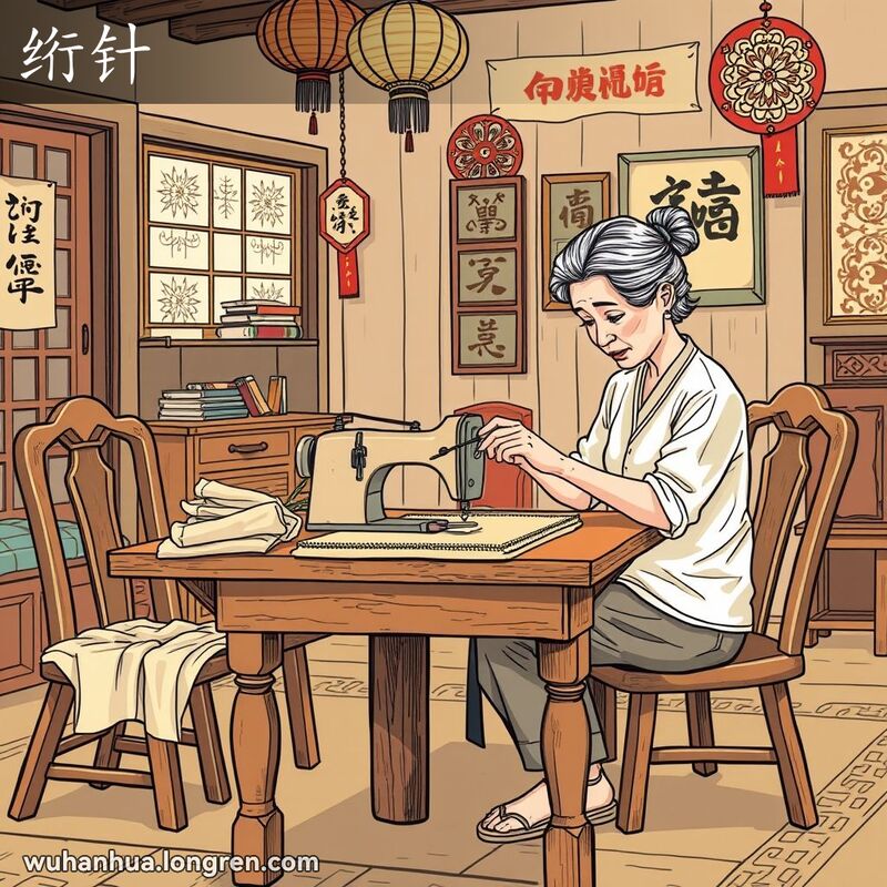 一位中年妇女在传统武汉家庭环境中，手持粗大长针缝制被子，背景是温馨的乡土风格