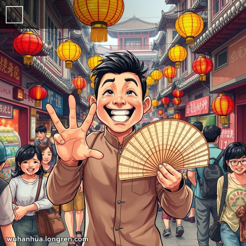 一个年轻人在武汉街头用手指数着朋友，脸上带着戏谑的表情，背景是武汉老街景