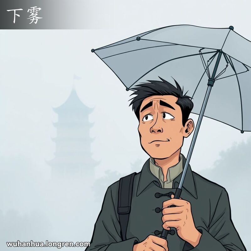 武汉早晨雾天，黄鹤楼若隐若现，一位男子手持雨伞，眯眼看不清前方