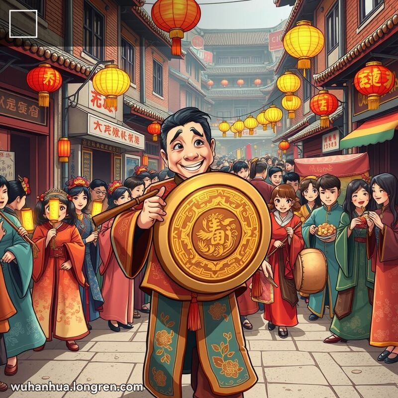 一位身穿传统服饰的男子在武汉老街上敲击大锣，周围是参加婚礼的人群，背景是武汉老街景。