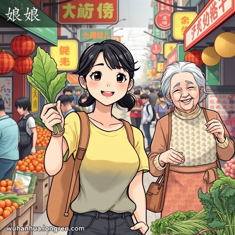 一位年轻的武汉女子在市场中手持叶菜，兴奋地与摊贩交谈，表情生动，背景是热闹的市场摊位。