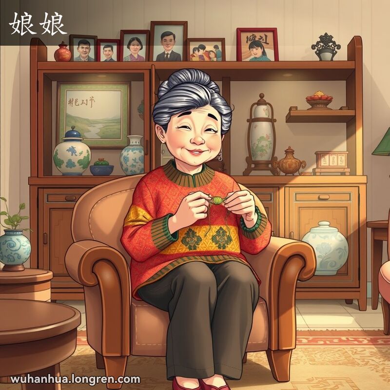 一位被称为“娘娘”的老妇人在温馨的客厅里织毛衣，背景是传统的家具和装饰品。