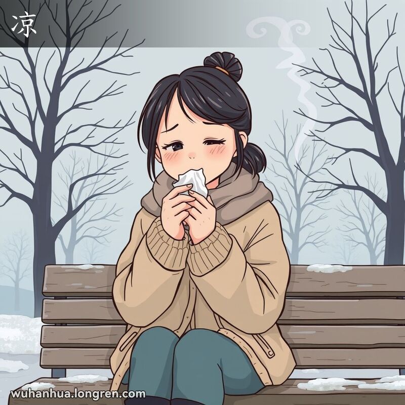 一位年轻的武汉女子坐在公园长椅上，穿着冬季的休闲服装，正在打喷嚏并用纸巾捂住鼻子，背景是寒冷的冬夜