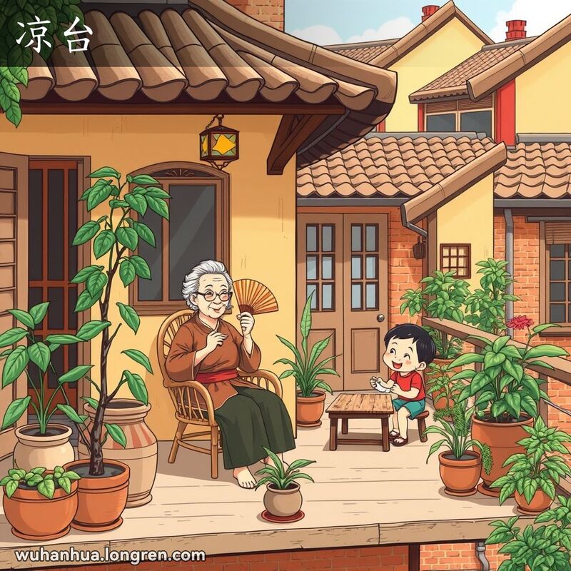 一个武汉家庭在阳台上乘凉，奶奶用扇子扇风，孙子孙女在旁边玩耍，背景是武汉老城区的建筑