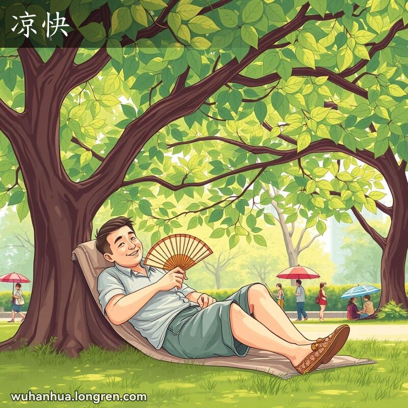 炎热夏日，武汉市民坐在树荫下，手持扇子，脸上露出凉快的表情，背景有其他人避暑。