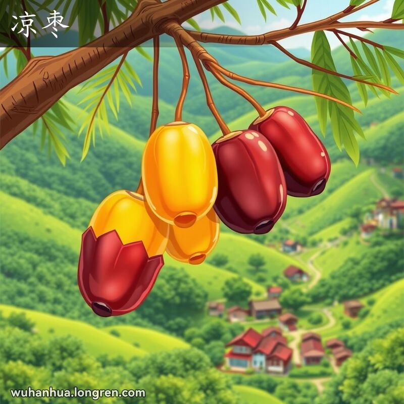 一根枣树枝条上挂着几颗未晒制的新鲜枣子，有黄色和紫红色两种状态，背景是绿色乡村景观