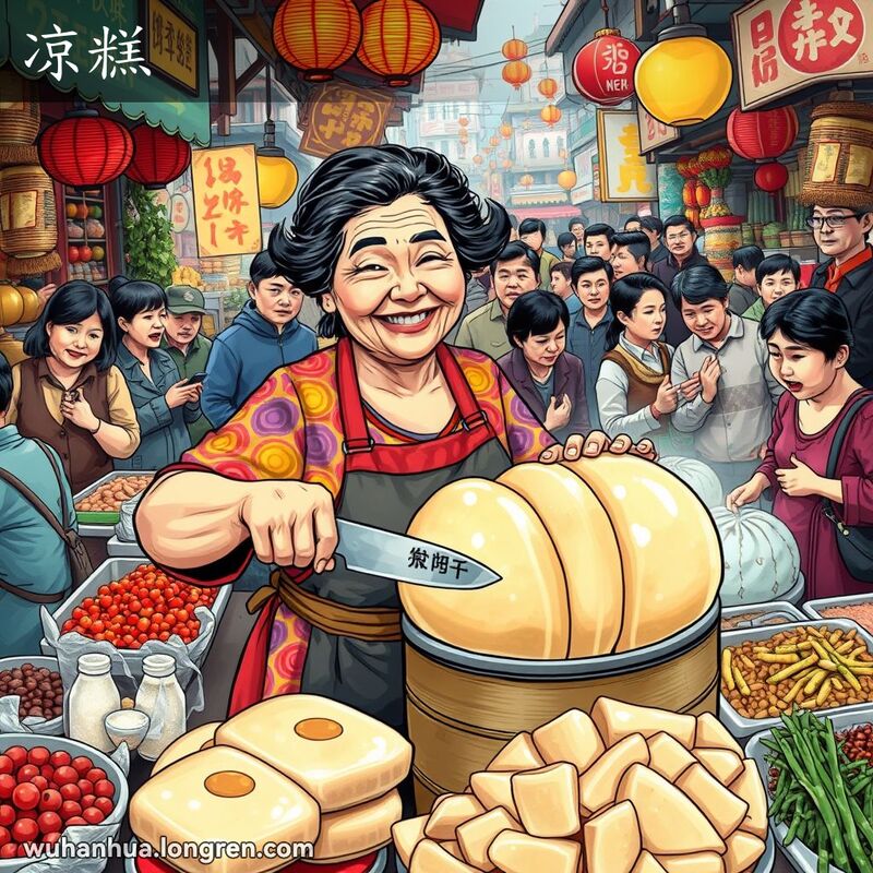 一位中年妇女在武汉街市摊位前切割凉糕，背景有其他摊贩和顾客，画面生动活泼。