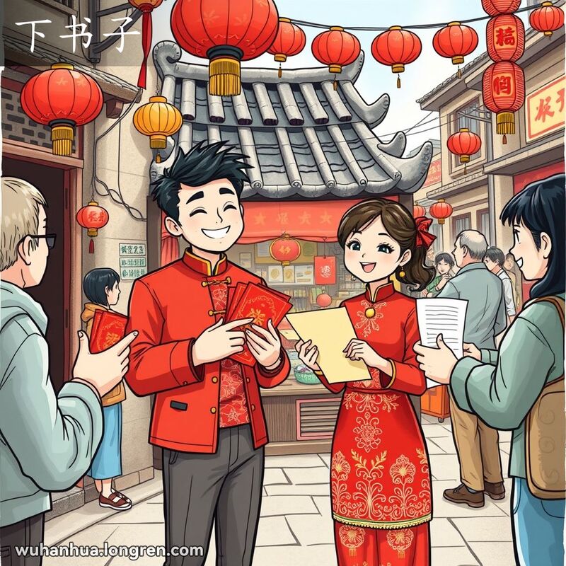 一对年轻的武汉夫妇在街头发送婚礼邀请函，背景有灯笼和红色横幅，画面充满节庆气氛